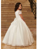 Short Sleeves Ivory Lace Organza Long Flower Girl Dress